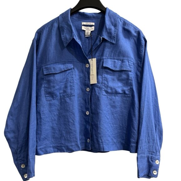 Rachel Zoe Jacket Womens Linen XL Blue Cropped Utility Boxy Lightweight Camp - Picture 1 of 8